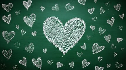 Chalkboard Heart Background: Romantic Green Texture with Hand-Drawn Hearts
