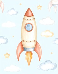 Watercolor rocket ship pattern on a light blue background with clouds and stars