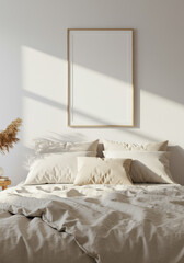 Soft beige bed with rumpled linen duvet and layered cream pillows.