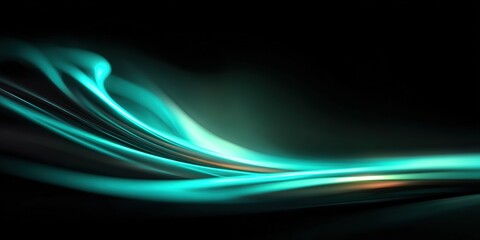 Obraz premium Flowing Light Trails in Teal on Dark Background, Motion and Technology Theme for Projects