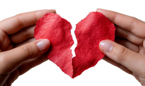 Hands Holding Fragile Heart Shaped Paper Cutout in Split Form Isolate on Transparent Background, cutout, png