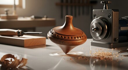 Handcrafted Wooden Spinning Top on Workshop Table.
