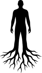 Abstract silhouette of human body with tree roots instead of legs vector with white background 