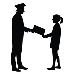 Silhouette of a graduate presenting a certificate to a student