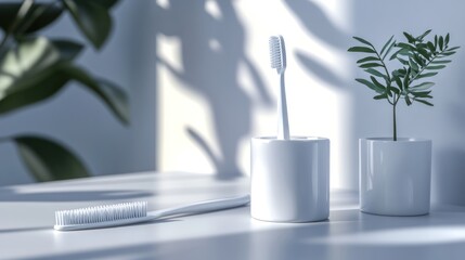 White toothbrushes, minimalist, sunlight, plant, bathroom, clean, modern, still life