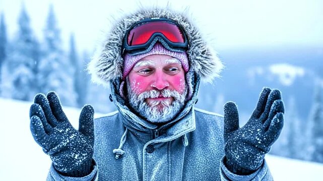 A man shivering in extreme cold weather wearing winter gear