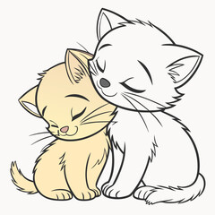 Obraz premium Two cute cartoon kittens cuddle in harmony, eyes closed. Suitable for cards, posters, social media posts, and childrens products.