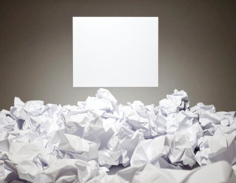 Blank white paper floats above a large pile of crumpled drafts.