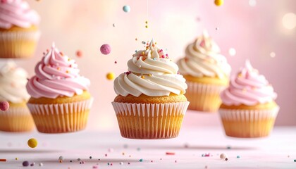 Levitating Cupcakes with Frosting Swirl, Sprinkles, and Tiny Decorations Mid-Air