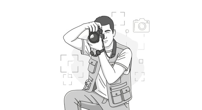 photographer taking photo, black and white style clip art preview