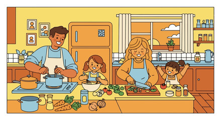 Illustration of a Family Cooking Together in a Kitchen, Ideal for Promoting Family Values, Cooking Classes, and Nutritional Education Materials