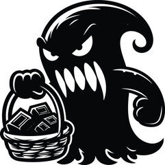 A Halloween Ghost with a chocolate basket cartoon vector illustration isolated on a white background