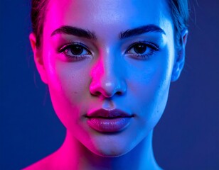 Close-up portrait of a woman with vibrant, contrasting light