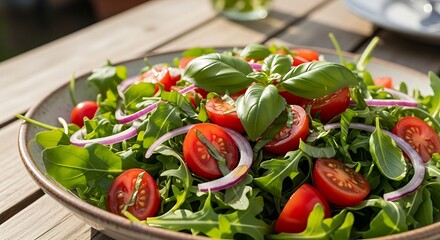 Fresh Tomato and Arugula Salad with Red Onion and Basil.