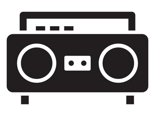 Tape recorder icon. Vector dark portable vintage stereo tape recorder with speakers in a modern design. Audio recording device. Retro music gadget. White isolated background