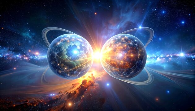 Intertwined celestial bodies in cosmic dance across interstellar realm