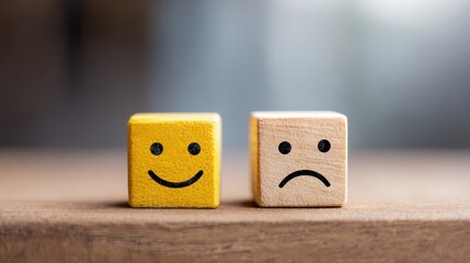 Mental health and emotional state, Smile face in bright side and sad face in dark side on wooden block cube for positive mindset selection, expression, mask, bipolar, generate by AI