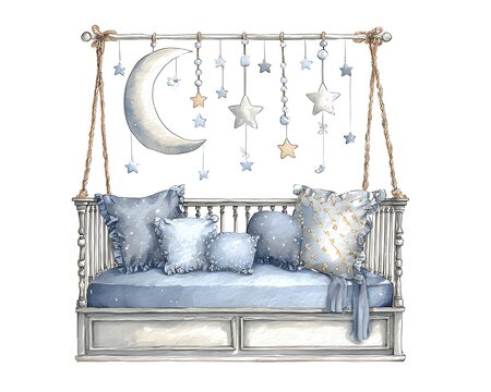 Whimsical watercolor illustration of a dreamy baby crib with moon and star decorations