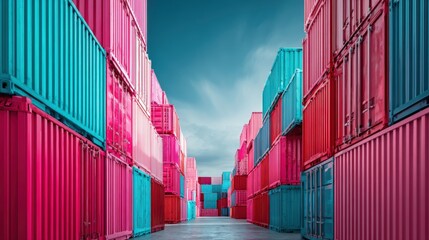 Fototapeta premium Vibrant Shipping Containers Stacked High, Logistics and Global Trade Industry with Sky Background