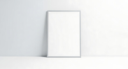 Empty White Picture Frame Mockup Leaning Against a Light Gray Wall