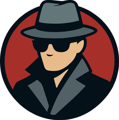 Flat Noir Detective Character with Gray Fedora and Trench Coat on Red Circle – Secret Agent Vector Illustration