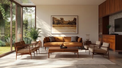 Modern, light-filled living room with warm tones and natural light