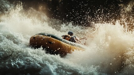 Rafting adventure through wild rapids.  A yellow raft navigates powerful waves, filled with excitement