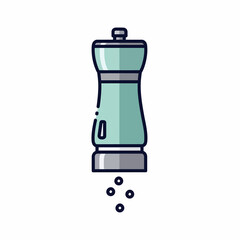 Simple illustration of a teal-colored pepper grinder with peppercorns dispersing.
