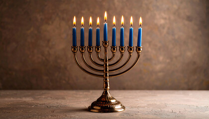 Fototapeta premium Matte Silver Menorah with Blue Candles Minimalist. Hanukkah concept. Generated Image