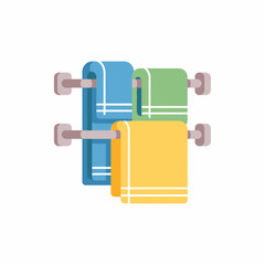 Three colorful towels, blue, green, and yellow, neatly folded and hanging on two wall-mounted racks, depicted in a clean flat design illustration.