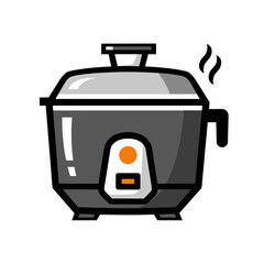 Illustration of a black and grey rice cooker with steam rising, featuring a simple, modern design on a white background.