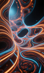 Luminous blue and orange light trails weaving through a complex digital network, an abstract concept of data streaming and future technology