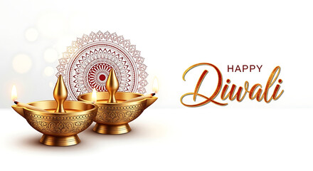 Two lit golden diyas with mandala and happy diwali text