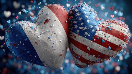 French and American flags with stars, hearts, and confetti on blue background, concept of friendship between nations