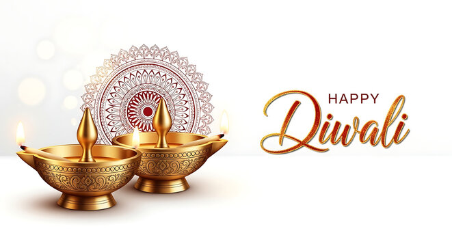 Two lit golden diyas with mandala and happy diwali text