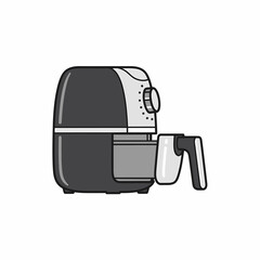 Air fryer illustration, kitchen appliance, cooking device,  basket removed,  grey and black.