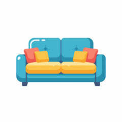 A vibrant flat design illustration of a contemporary blue two-seater sofa adorned with bright yellow and orange throw pillows.