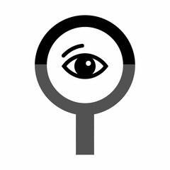 Eye within a magnifying glass, symbolizing observation, scrutiny, or investigation.
