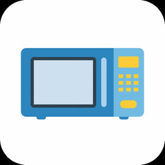 A modern blue microwave oven with a clear glass door and a yellow control panel featuring buttons and a digital display.