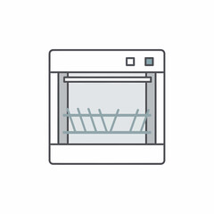 A simple, clean illustration of an open white dishwasher with its rack extended, showcasing its interior mechanism for cleaning dishes.