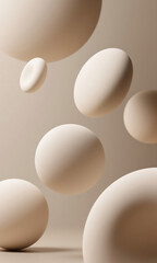 Abstract minimalist background with floating 3D spheres and organic shapes in a soft, neutral beige color palette, representing calm and serenity