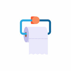 A roll of white toilet paper hangs from a blue and orange holder against a plain white background, ready for use.