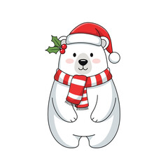 Adorable polar bear wearing Santa hat and scarf, ready for winter holidays