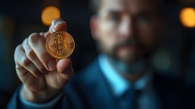 A businessman s hand prominently displays a golden Bitcoin coin symbolizing digital currency investment