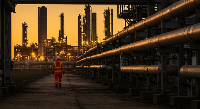 A worker in protective gear walks through an industrial complex at dusk, pipelines visible.