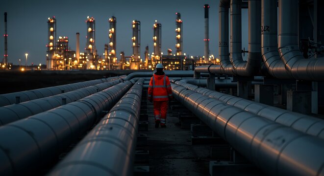 A worker in orange overalls walks along a network of pipelines at an industrial plant at dusk, with illuminated structures in the background. - Powered by Adobe