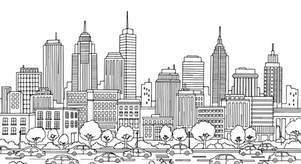 Obraz premium Detailed City Skyline Outline Illustration, Perfect for Coloring Books, Architectural Studies, and Urban Planning Presentations
