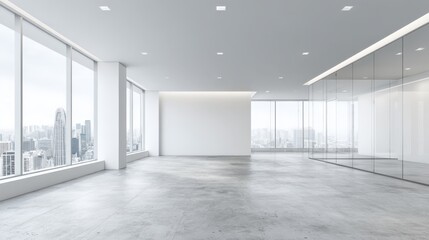 Modern Empty Office Space with Large Windows and City View, Ideal for Business and Real Estate Concepts