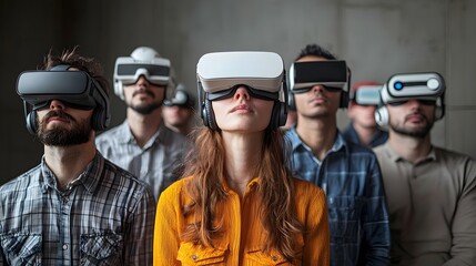 A group of diverse people wearing virtual reality headsets exploring futuristic technology and immersive experiences