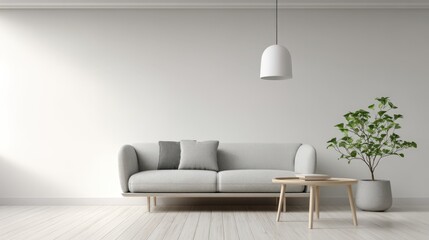 Modern Living Room Interior with Minimalist Decor, Featuring Gray Sofa, Wooden Table, Plant, and White Pendant Light